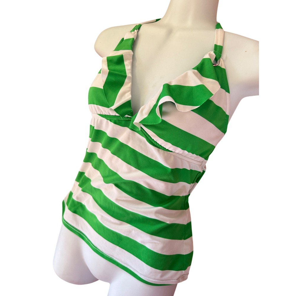 Y2K 2000s style Ralph Lauren Green White Striped Ruffle Halter Tankini Swim Top